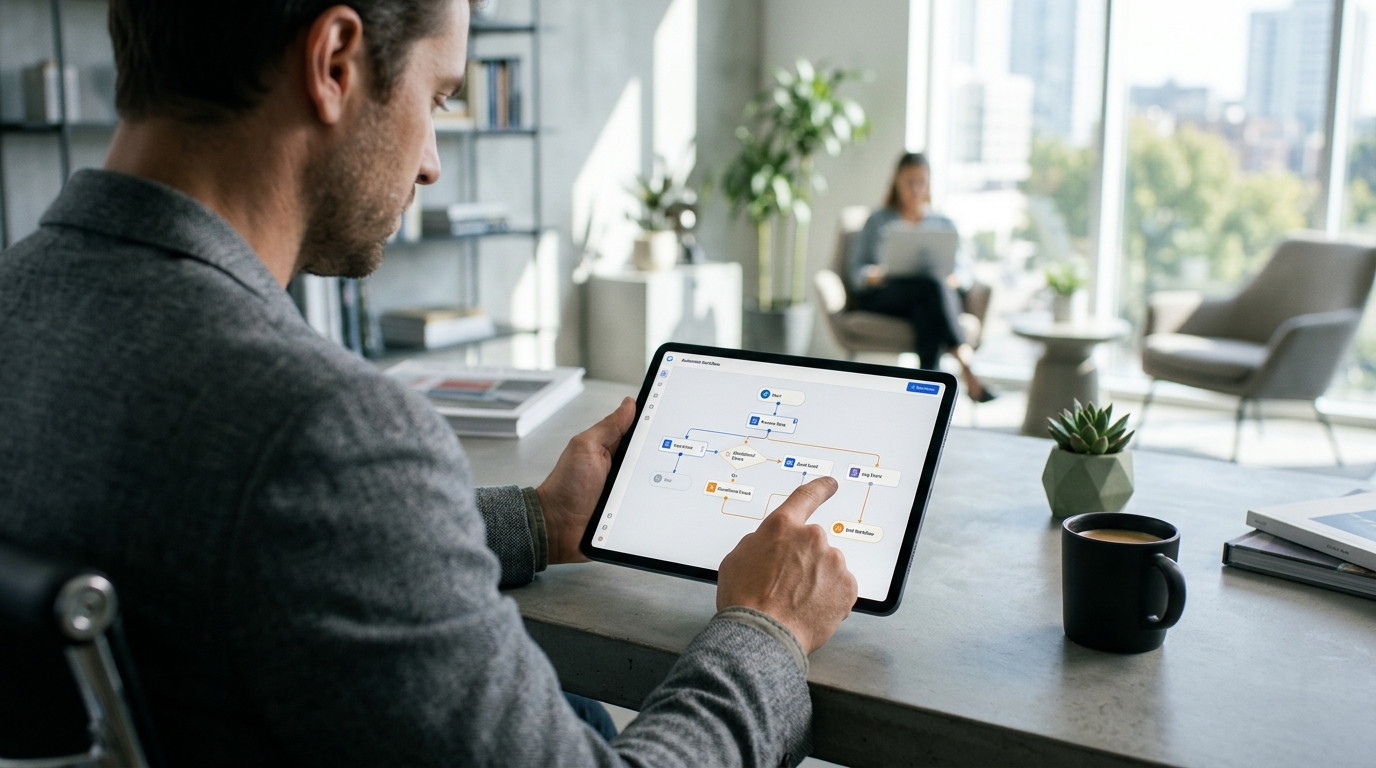 A consultant pointing at an approval workflow diagram on a tablet in a bright office.