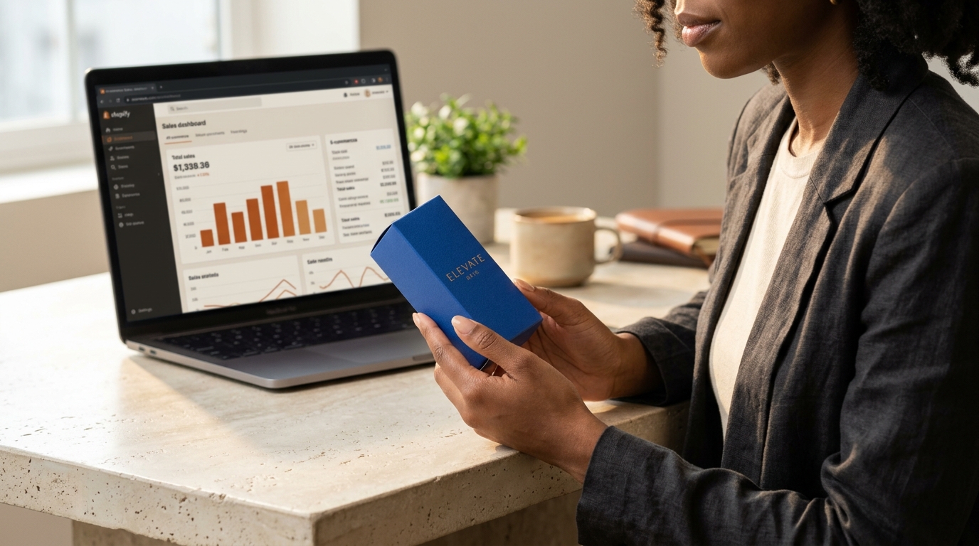 Illustrative online store sales dashboard on a laptop, beside a woman holding a blue product box ready for dispatch.