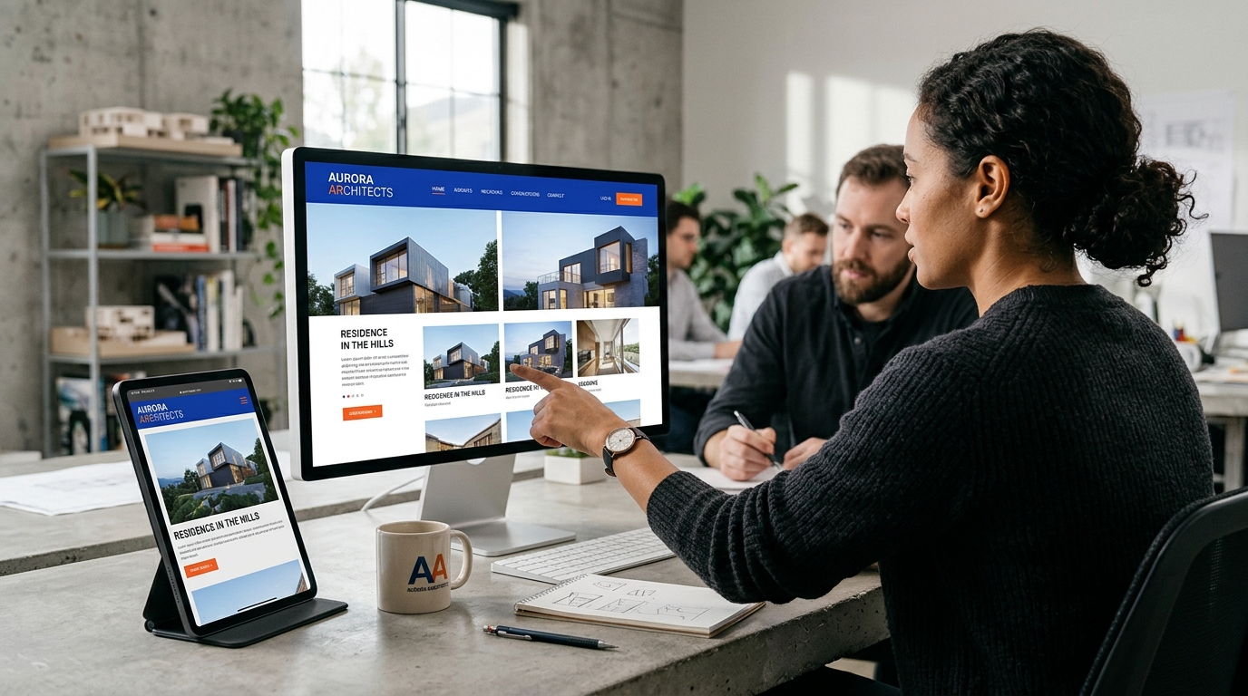 Illustrative architecture studio website shown on a desktop screen and tablet, with a designer pointing at a project page while a colleague takes notes.