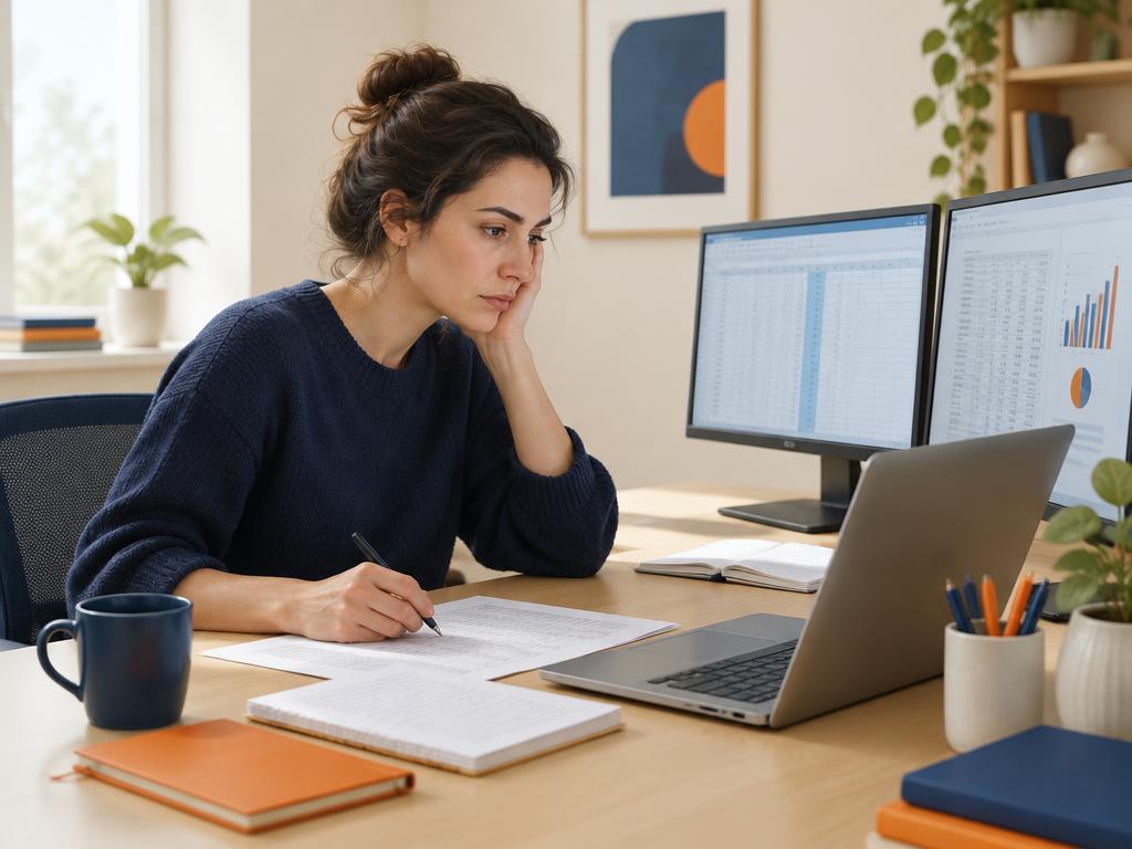 A woman at a desk copying figures from paper into spreadsheets across two monitors and a laptop.