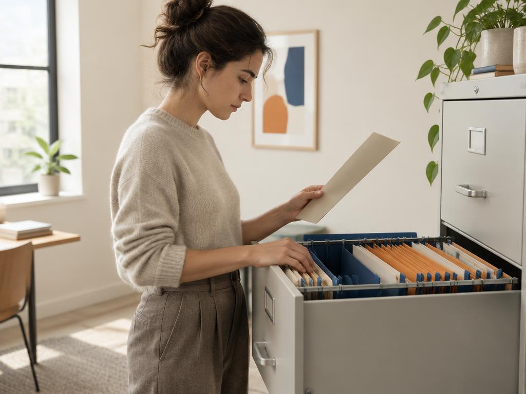 A woman searching through a packed office filing cabinet drawer for a document.