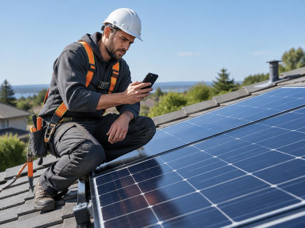 A tradesman installing solar panels on a roof, pausing to check his phone for a follow-up.