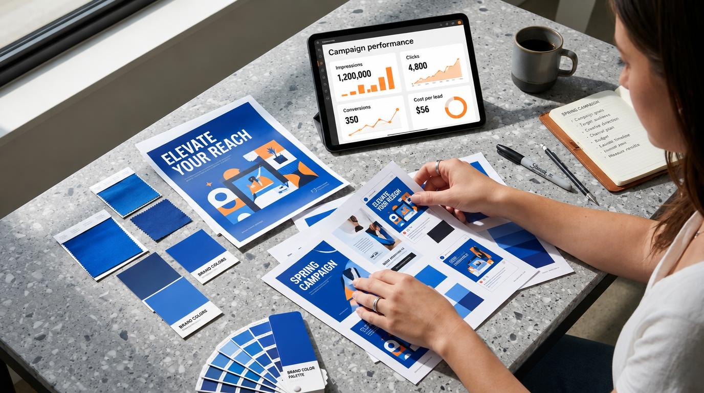 Illustrative campaign designs, colour swatches and a campaign performance dashboard being compared across a studio desk.