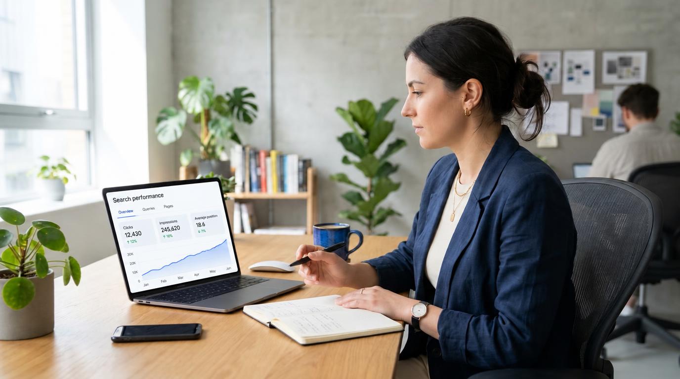Illustrative search performance report on a laptop, with a marketer taking notes in a bright studio office.