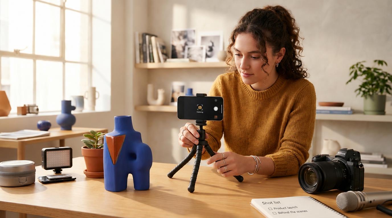 A content creator photographing a blue and orange ceramic object with a phone on a tripod, beside a camera and studio lighting.