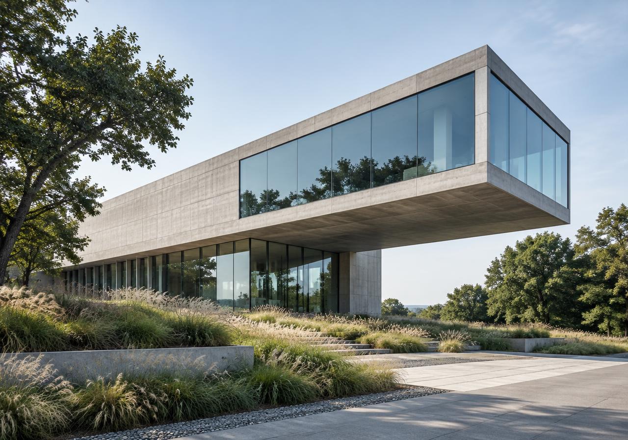 Illustrative modern concrete and glass architecture