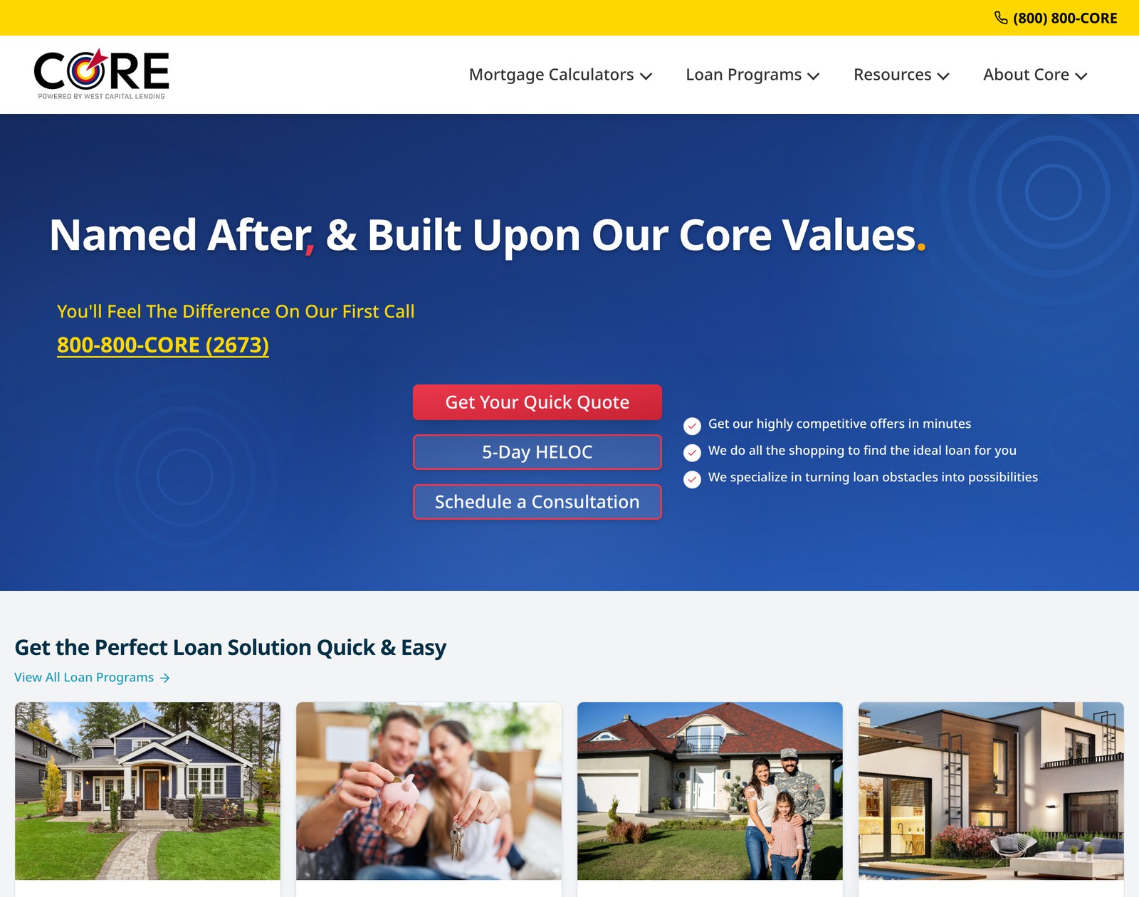 Core Mortgage homepage with its phone number, quick quote, 5-Day HELOC and consultation buttons